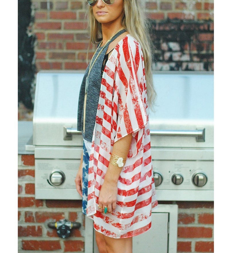 Askwind 4th of July Women's American Flag Print Kimono Cover Up Tops Shirt (A1) - Image 3